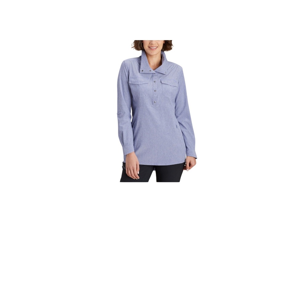 Duluth Trading Co Snap Neck Tunic Shirt Blue Stripe‎ Women's Medium Lightweight